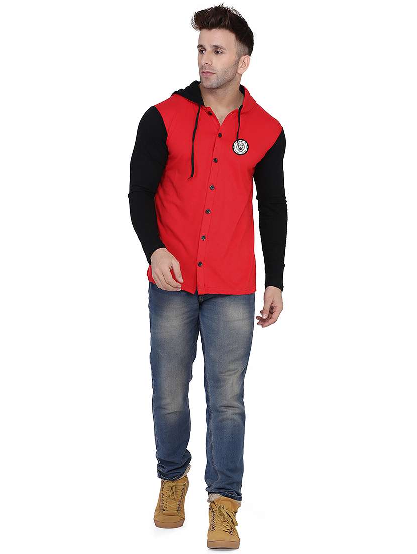 red & black colourblocked detailed hooded shirt - 20841075 -  Standard Image - 3