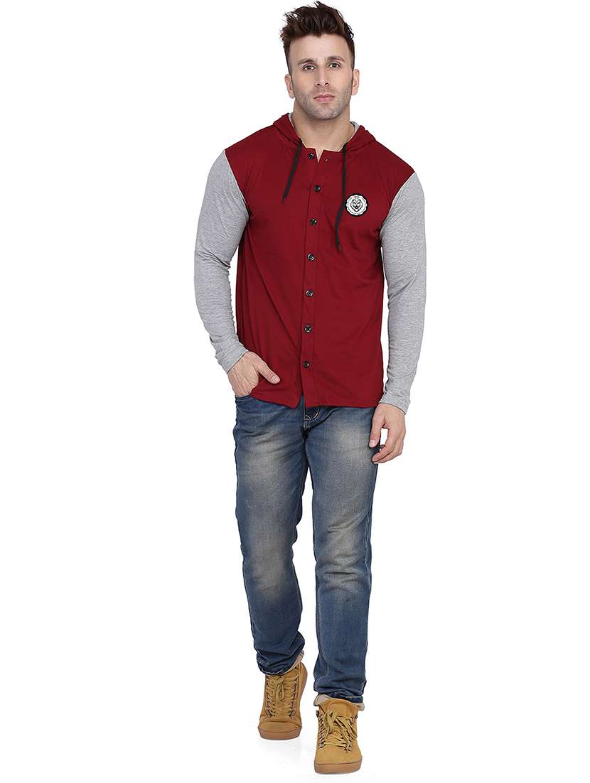 maroon & grey colourblocked detailed hooded shirt - 20841080 -  Standard Image - 3