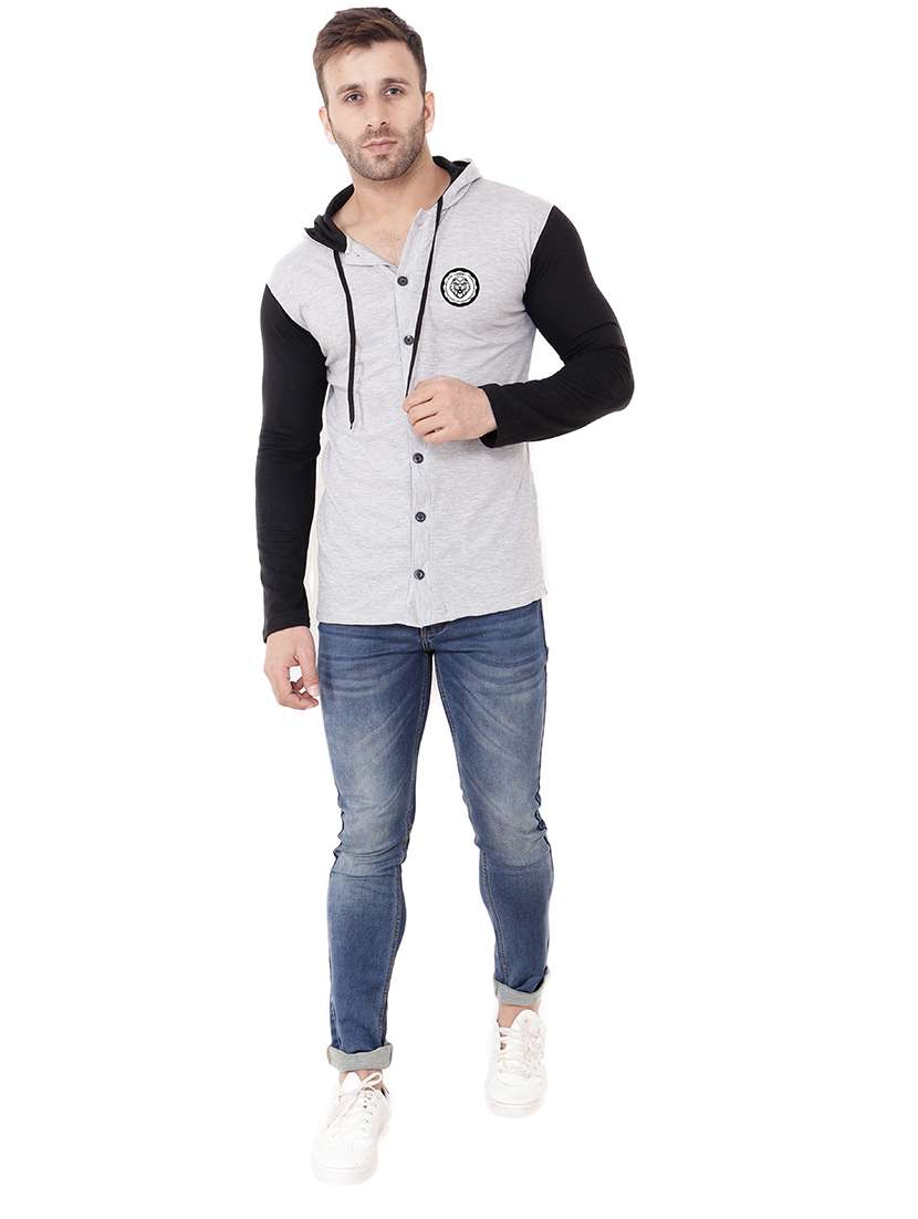 grey & black colourblocked detailed hooded shirt - 20841087 -  Standard Image - 3