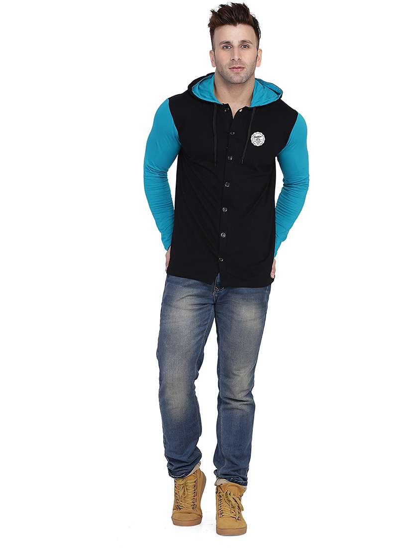 blue & black colourblocked hooded shirt - 20841101 -  Standard Image - 3