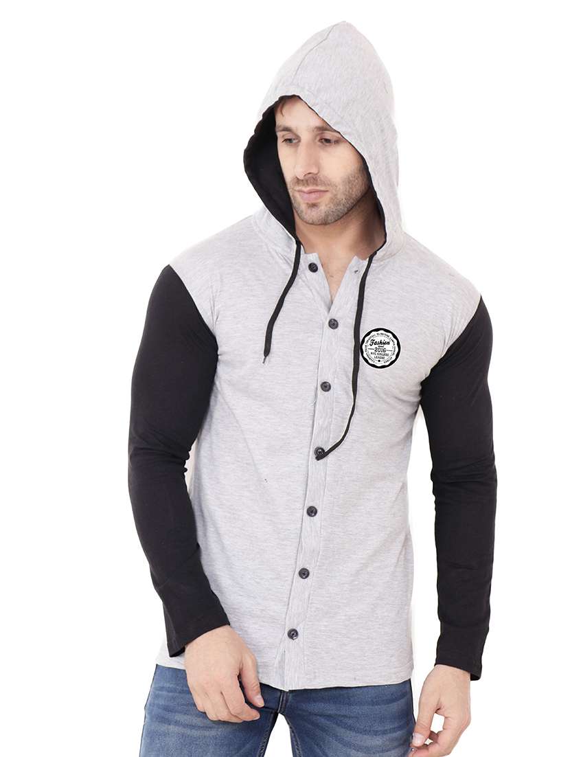 grey & black colourblocked detailed hooded shirt