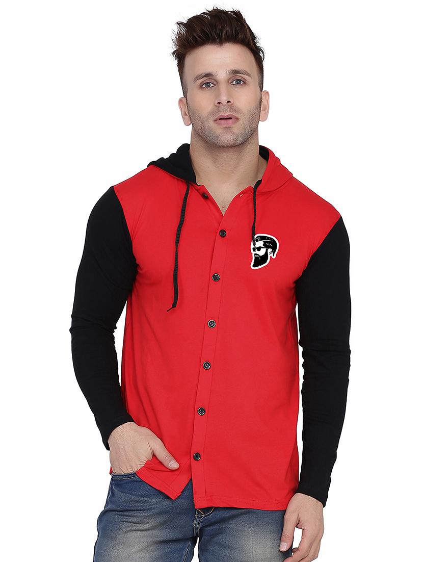 red & black colourblocked detailed hooded shirt - 20841120 - Zoom Image - 0