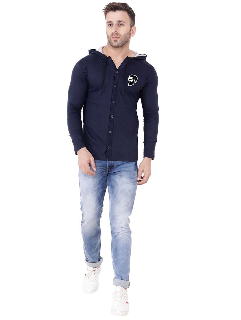 solid dark blue hooded casual shirt - 20841135 -  Standard Image - 3