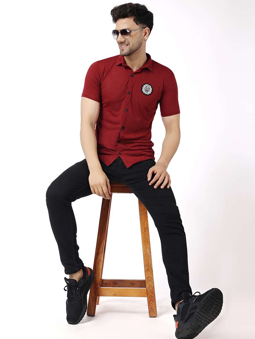 solid maroon cotton blend casual shirt - 20841172 -  Standard Image - 3