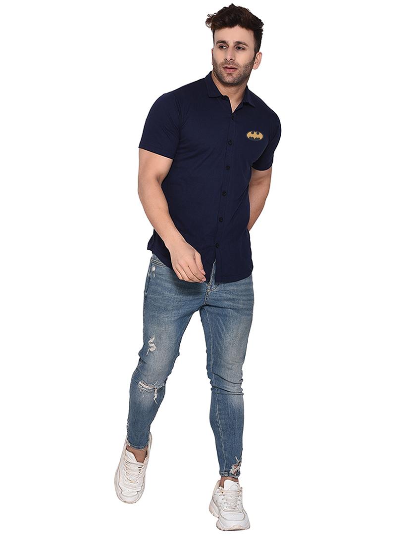 solid dark blue cotton blend casual shirt - 20841228 - Standard Image - 3