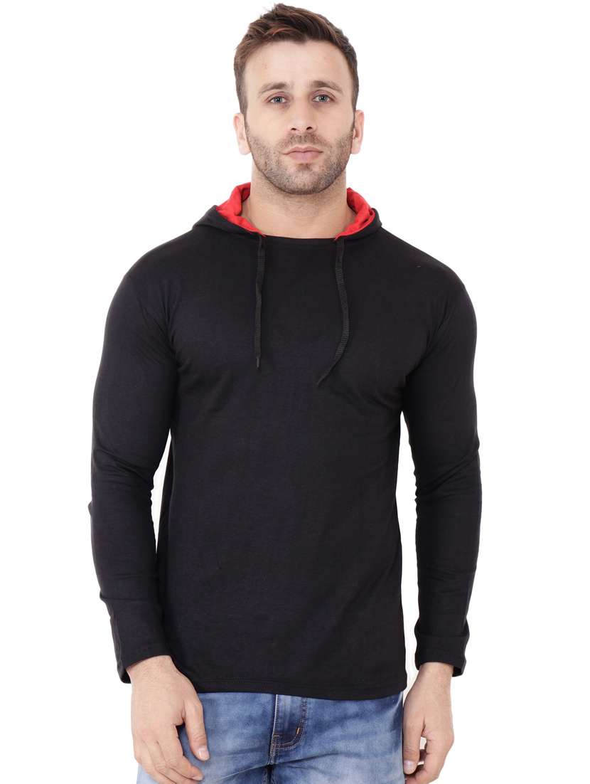 men solid long sleeve hooded t-shirt