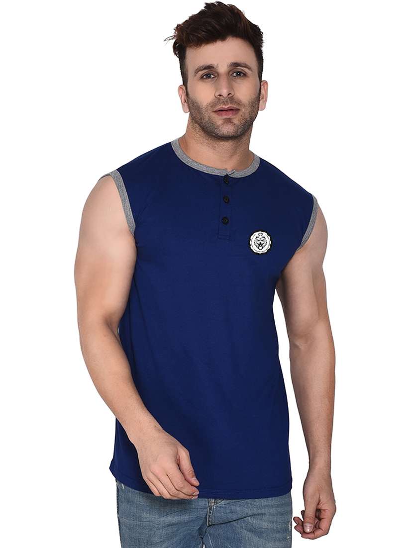 men solid henley neck sleeveless t-shirt