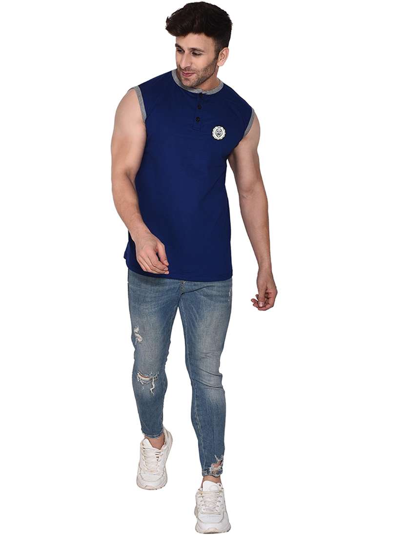 men solid henley neck sleeveless t-shirt - 20841560 -  Standard Image - 3