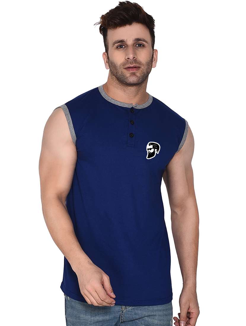 men solid henley neck sleeveless t-shirt
