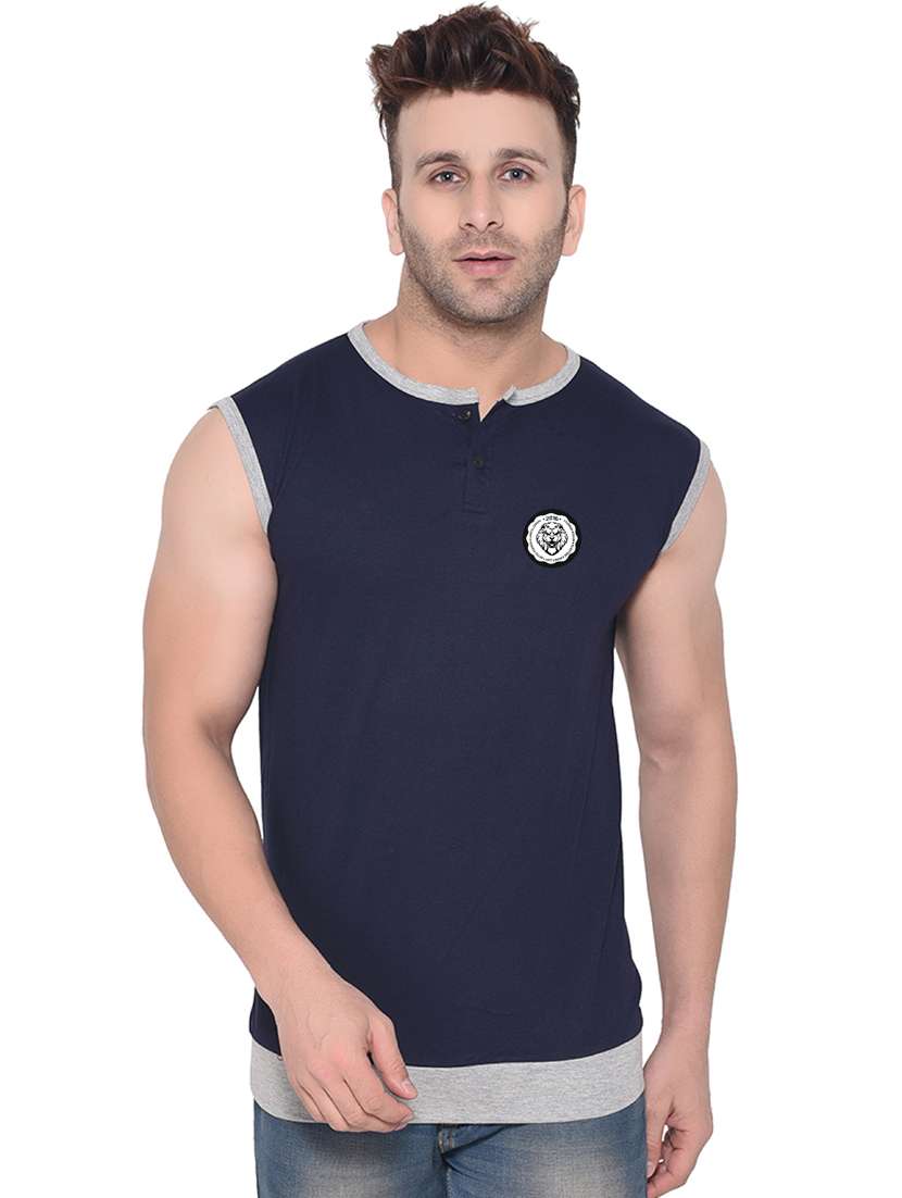 men solid henley neck sleeveless t-shirt