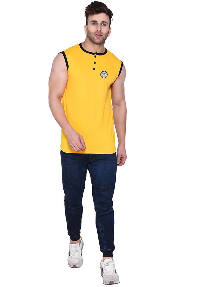 men solid henley neck sleeveless t-shirt - 20841574 -  Standard Image - 3