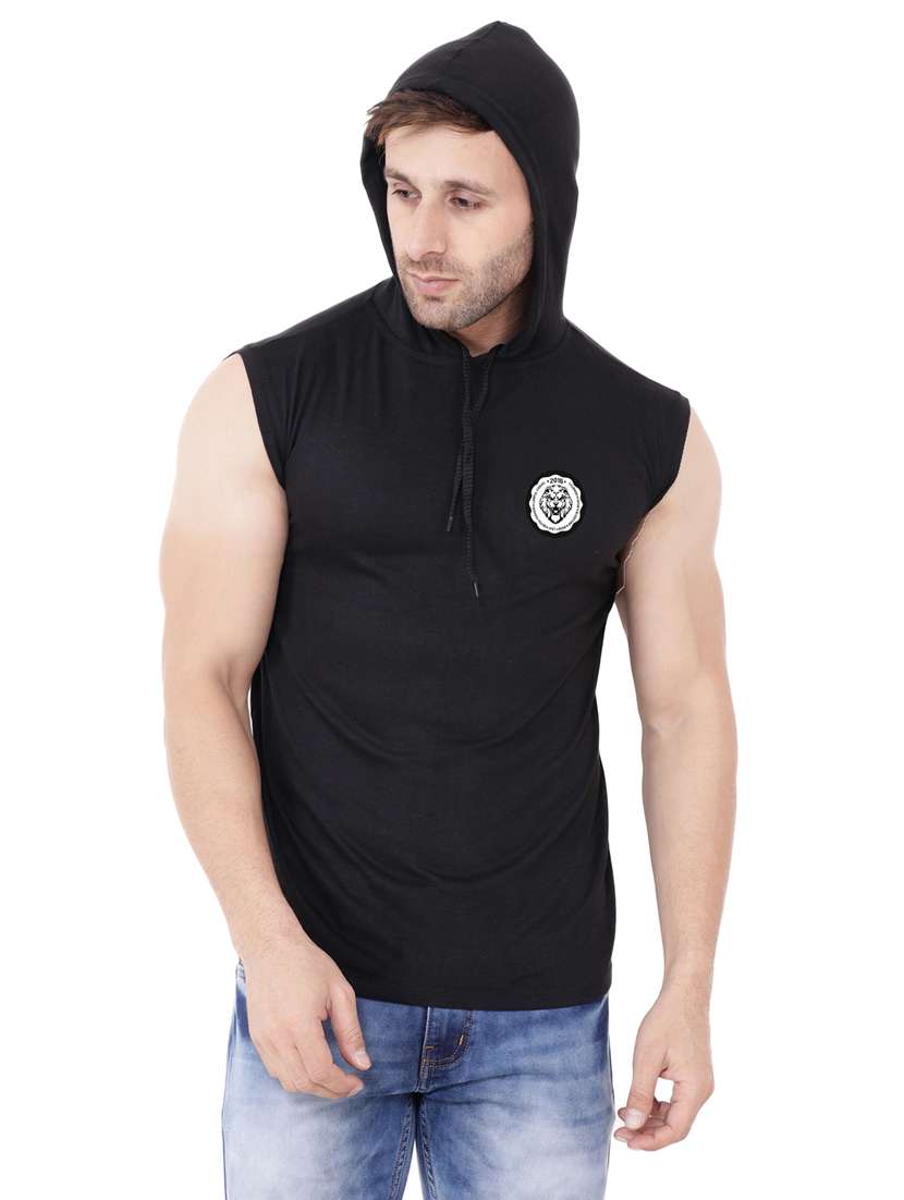 men solid sleeveless hooded t-shirt