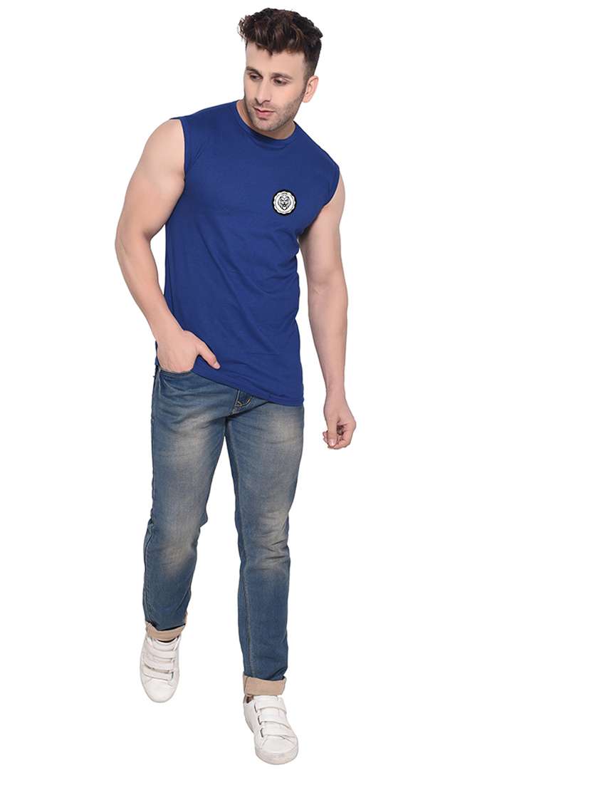 blue solid cotton blend t-shirt - 20842099 -  Standard Image - 3