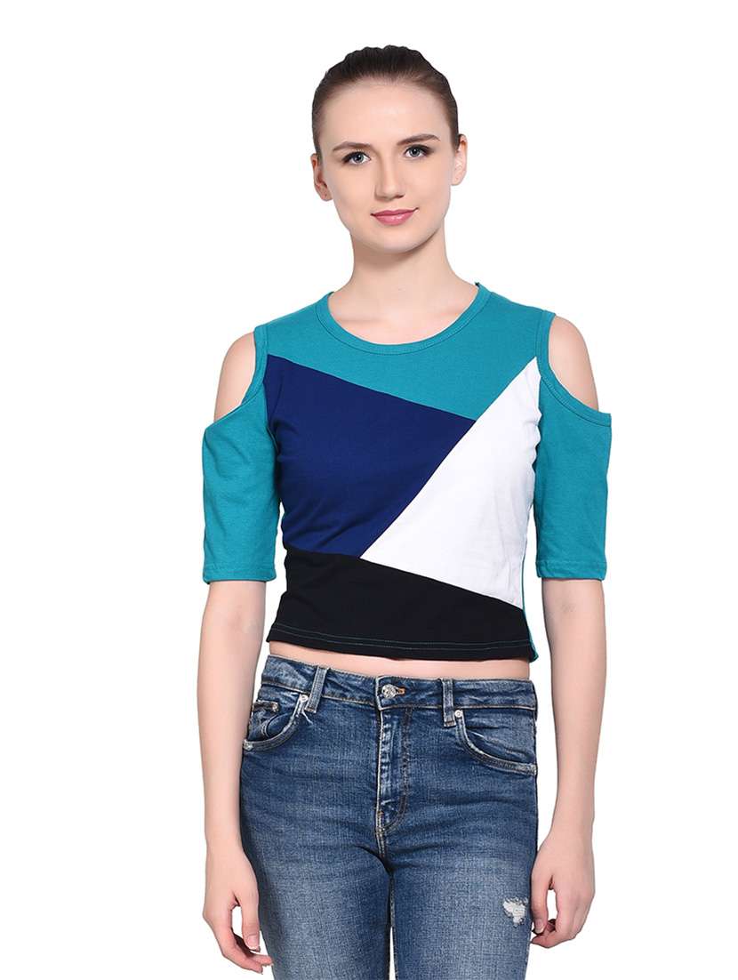 women color block round neck crop t-shirt