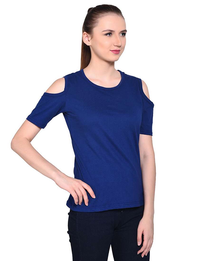 blue cotton blend plain t-shirt