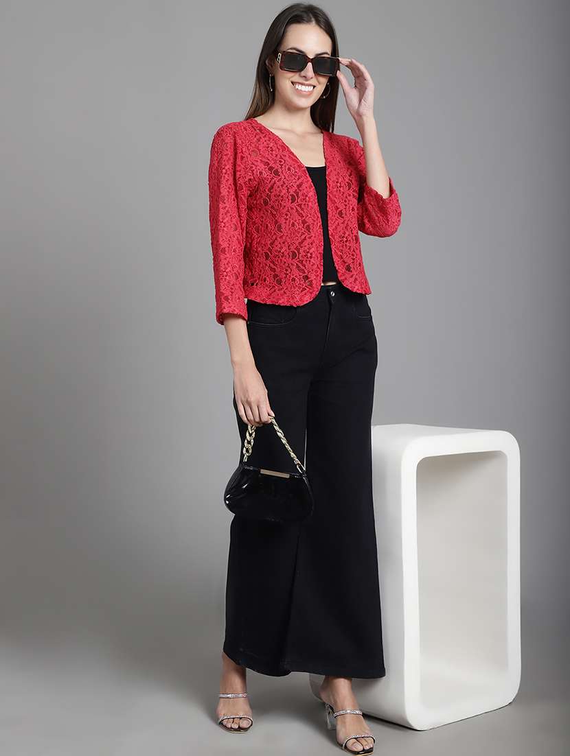 red self design cotton blend shrug - 20844439 -  Standard Image - 3