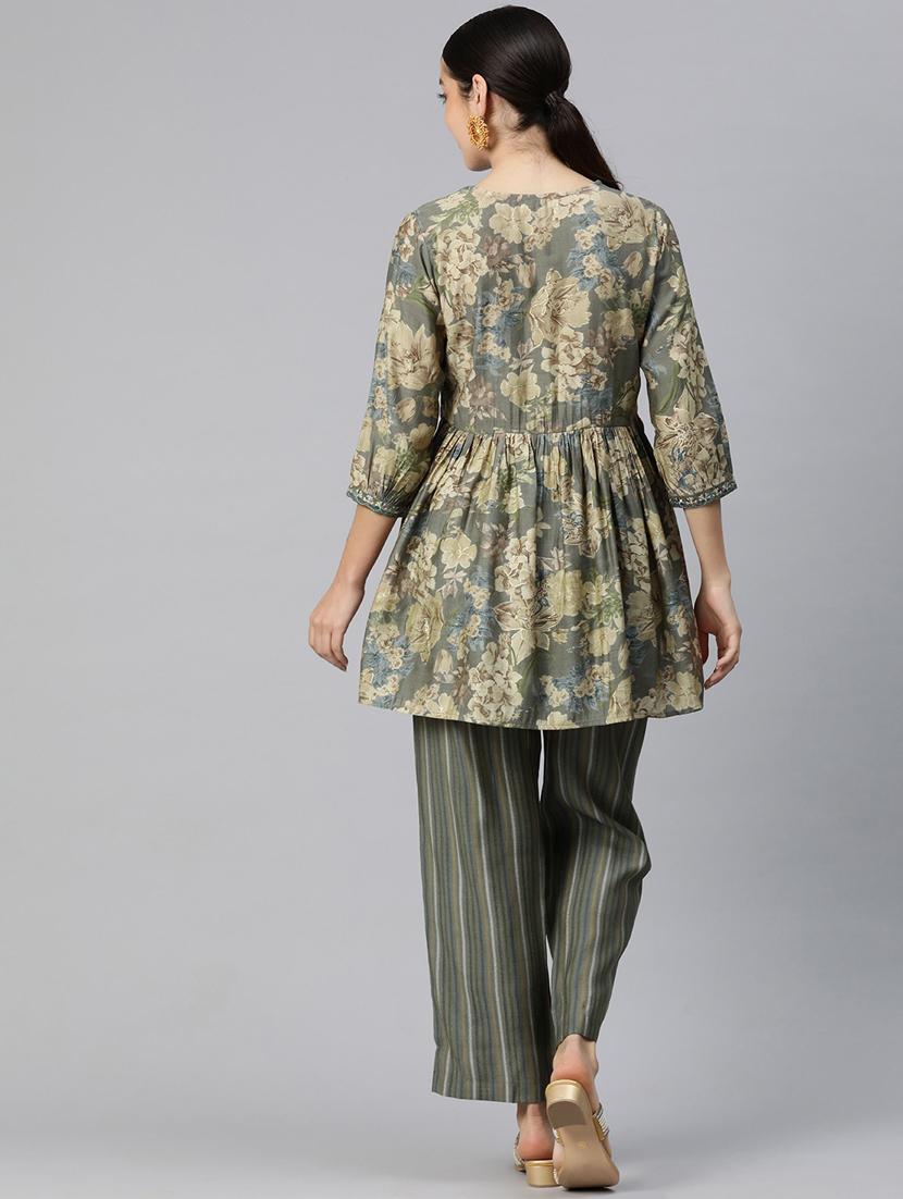 olive three quarter sleeve ethnic co-ord set - 20844519 - Standard Image - 3