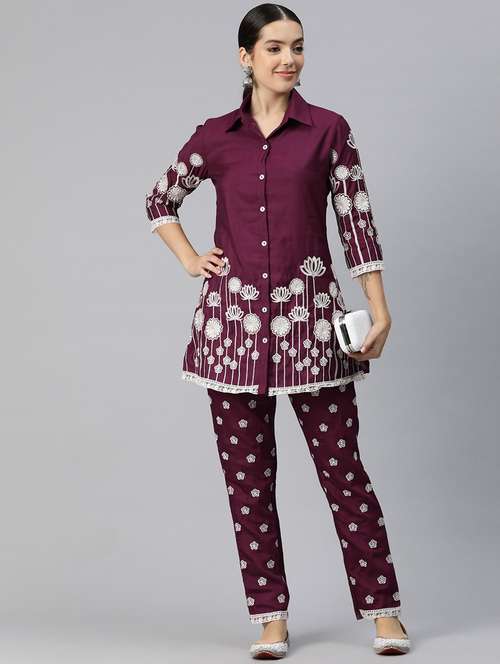 burgundy three quarter sleeve ethnic co-ord set - 20844531 -  Standard Image - 0