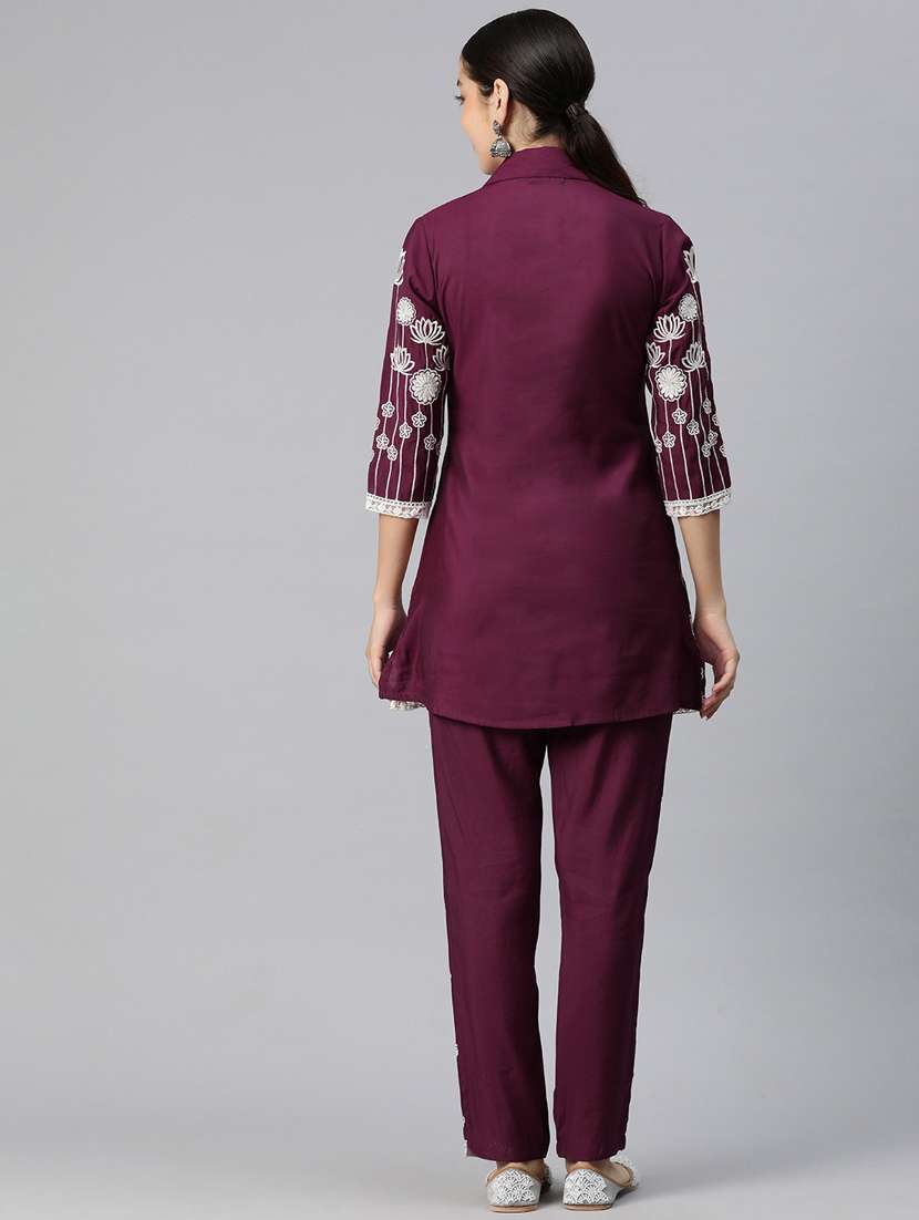 burgundy three quarter sleeve ethnic co-ord set - 20844531 -  Standard Image - 3