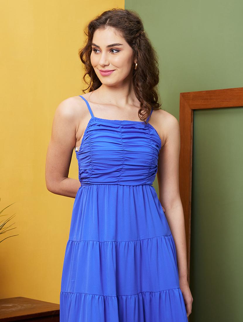 globus women blue square neck strappy shoulder cut-outs smocked tiered fit & flare maxi party dress - 20844572 - Standard Image - 3