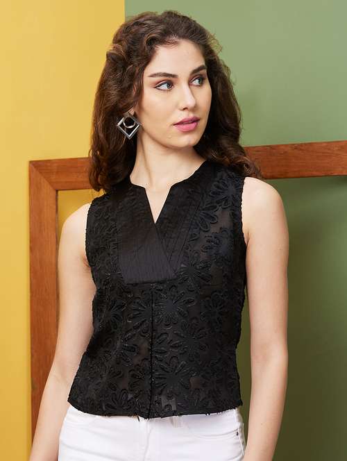 globus women black self design v-neck workwear top - 20844588 -  Standard Image - 0