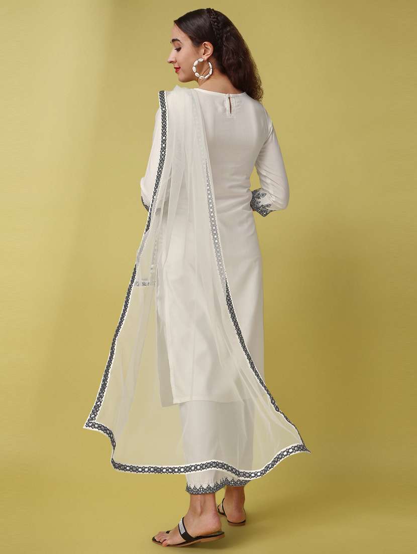 women off-white round neck kurta palazzo set with dupatta - 20845402 -  Standard Image - 3