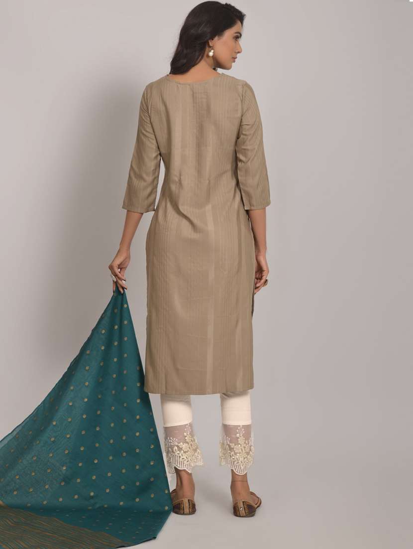 women beige round neck kurta pant set with dupatta - 20845403 - Standard Image - 3