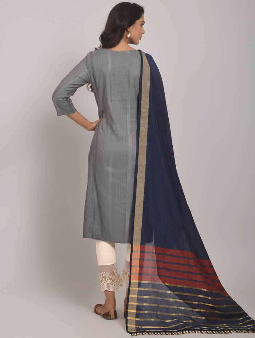 women grey round neck kurta pant set with dupatta - 20845404 -  Standard Image - 3