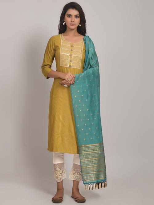 women mustard round neck kurta pant set with dupatta - 20845408 - Standard Image - 0