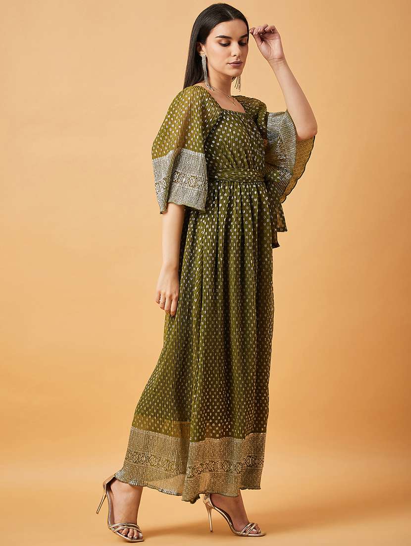 women green square neck a-line dress - 20845466 - Standard Image - 3