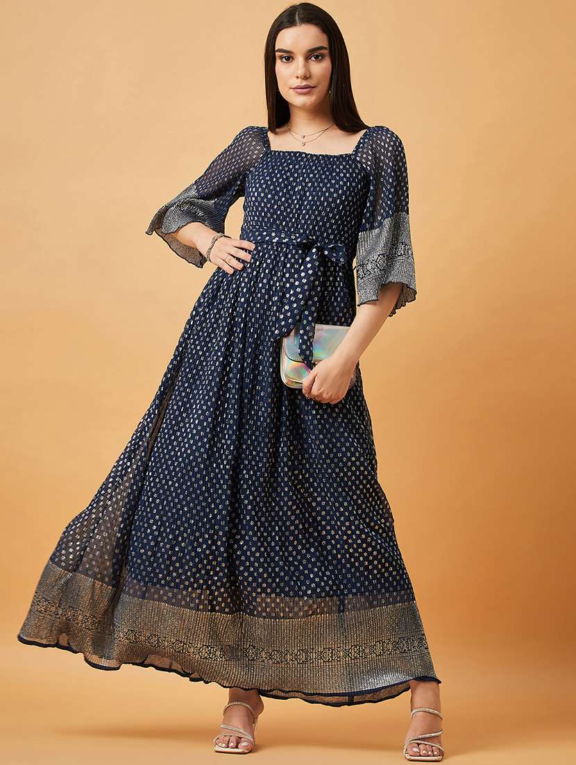 women navy blue square neck a-line dress