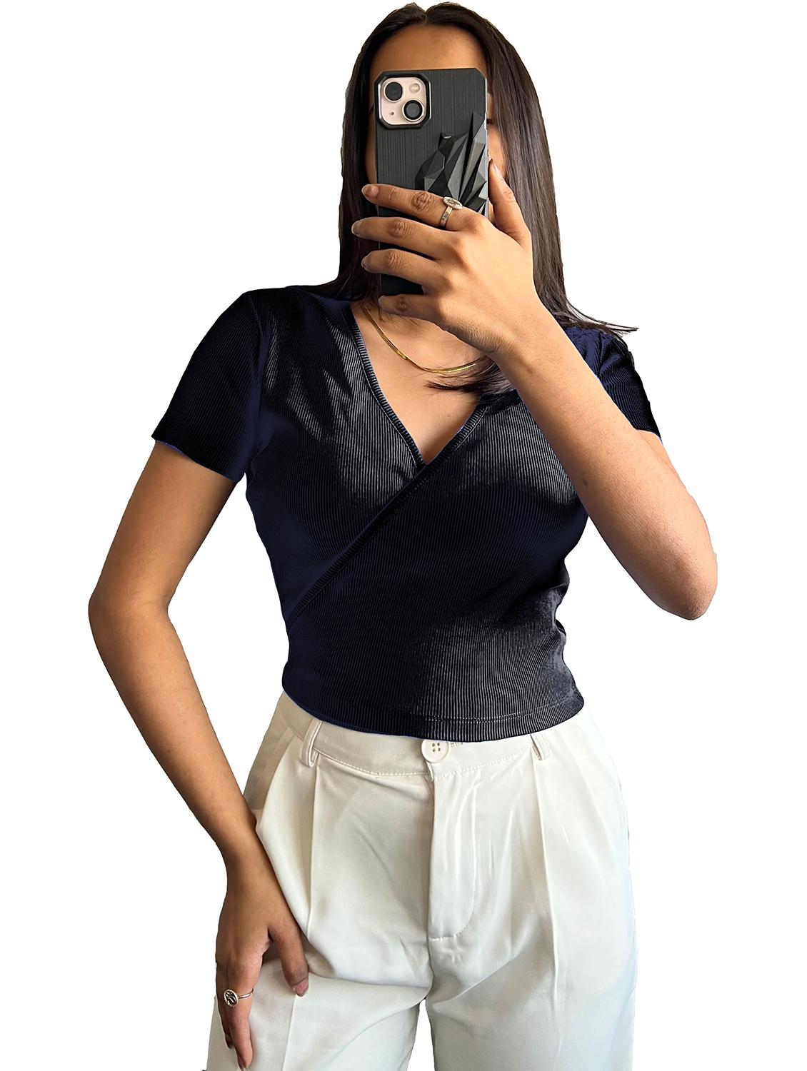 women solid short sleeves wrap top - 20846343 - Zoom Image - 0