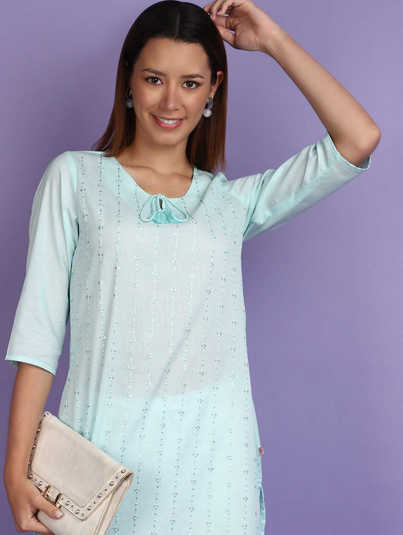 women light blue tie up neck straight kurta - 20846421 -  Standard Image - 3
