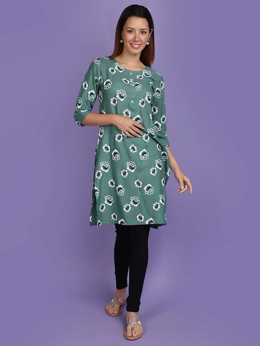women green round neck straight kurta