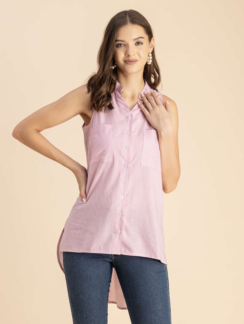 pink & white striped high low shirt