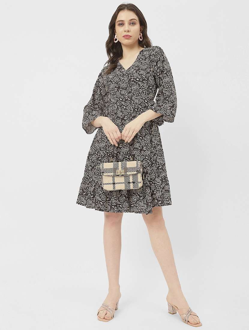 women brown floral printed wrap dress