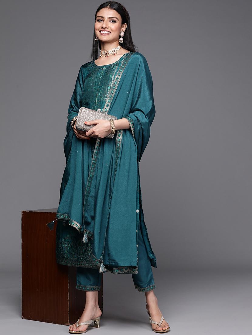 women teal round neck kurta pant set with dupatta - 20848888 - Zoom Image - 0