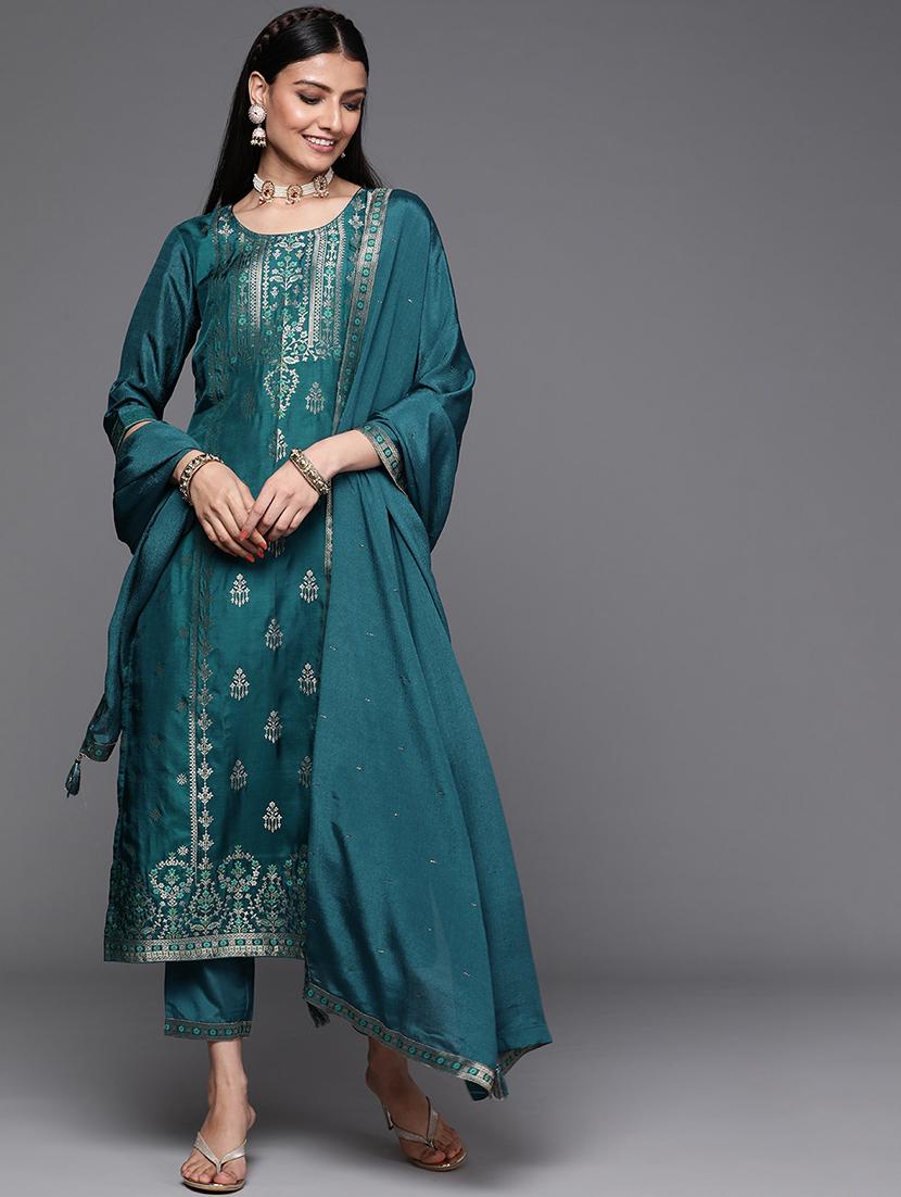 women teal round neck kurta pant set with dupatta - 20848888 - Standard Image - 3