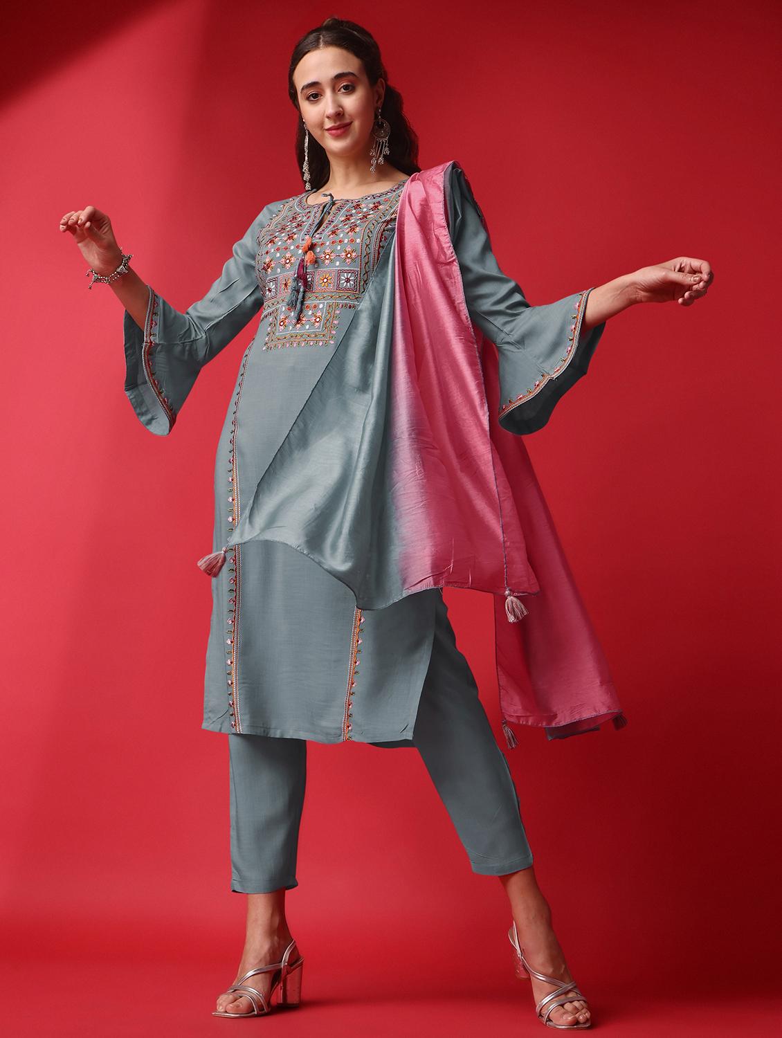 women grey tie up neck kurta pant set with dupatta - 20848893 - Zoom Image - 0