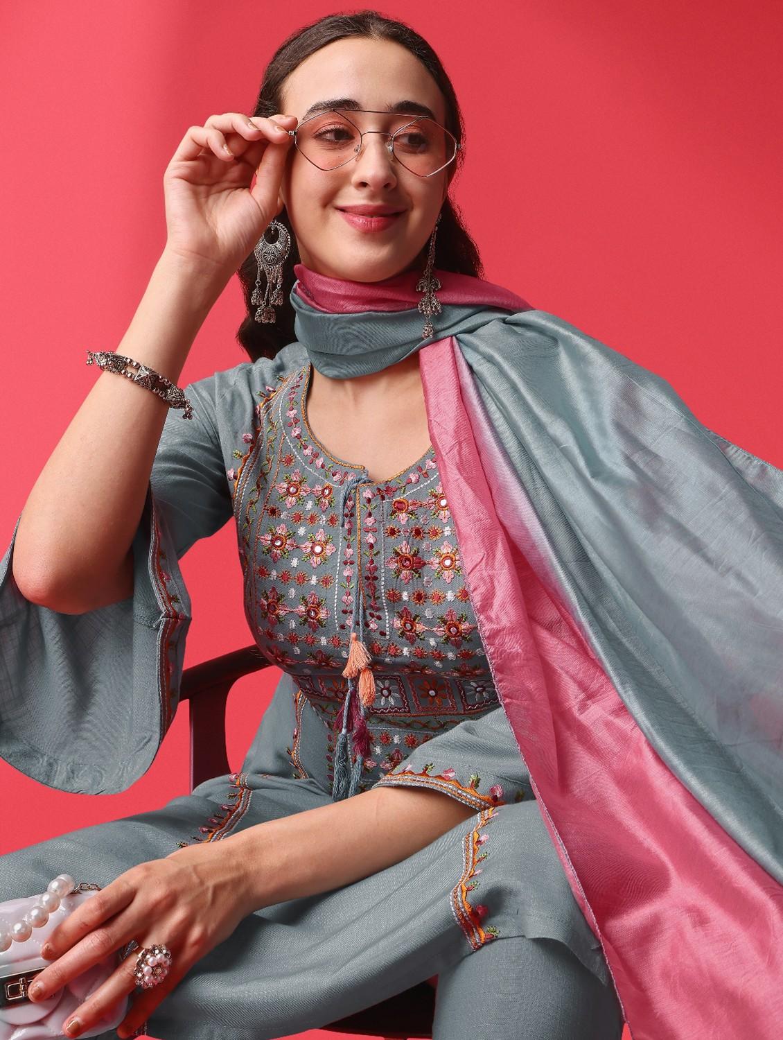women grey tie up neck kurta pant set with dupatta - 20848893 - Standard Image - 5