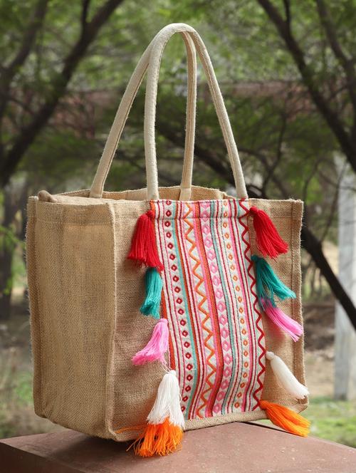 sisal khaki & multi boho striped jacquard jute shoulder bag - 20850248 - Standard Image - 0