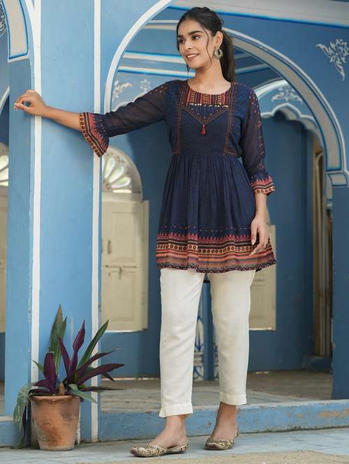 women blue printed peplum tunic - 20850275 -  Standard Image - 0