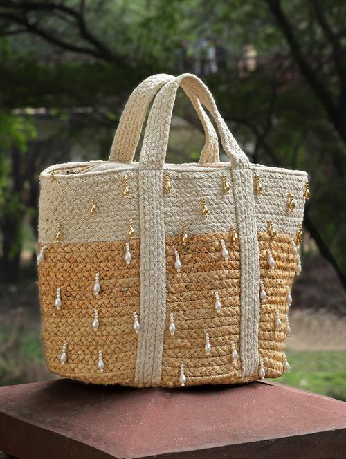 beige jute embellished handbag - 20852388 - Standard Image - 0