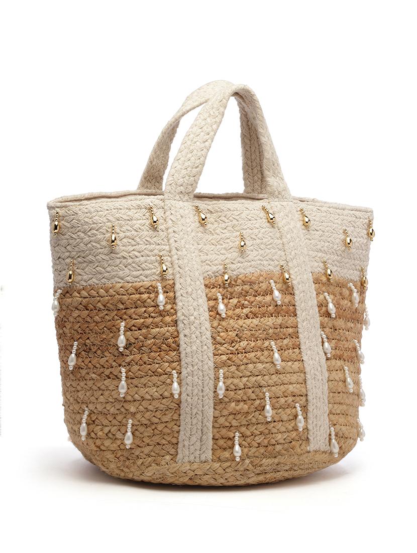 beige jute embellished handbag - 20852388 - Standard Image - 5