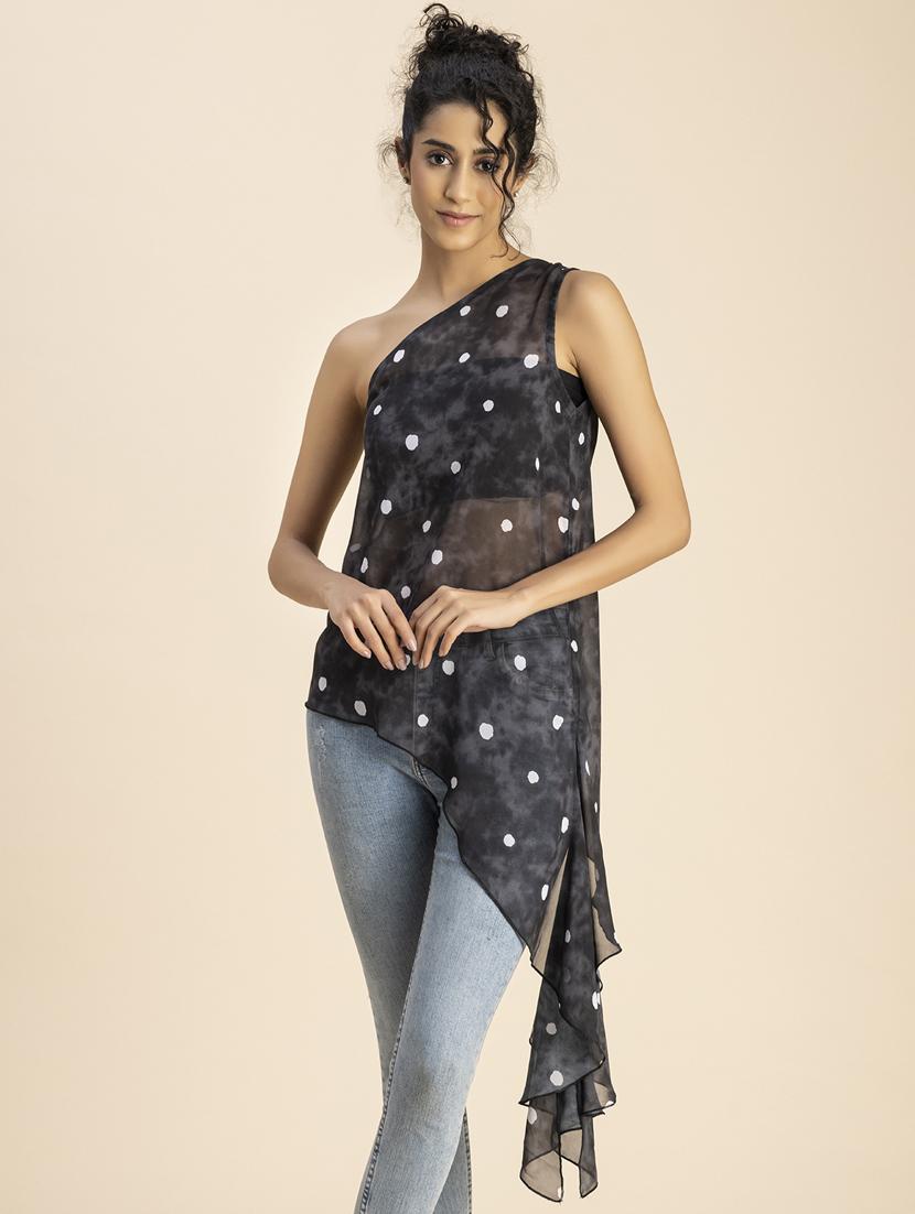 grey printed detailed asymmetric top - 20852431 - Standard Image - 3