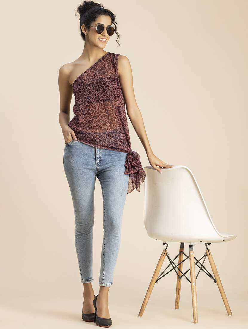 women peach floral printed asymmetric top - 20852434 -  Standard Image - 5