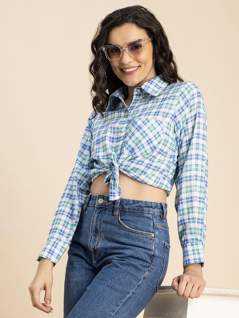 light blue rayon crop shirt - 20852445 - Zoom Image - 0