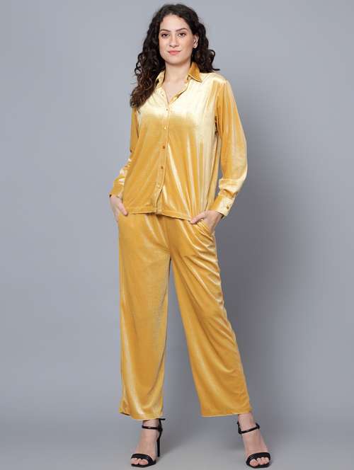women gold solid shirt and trouser co-ord set - 20852902 - Standard Image - 0