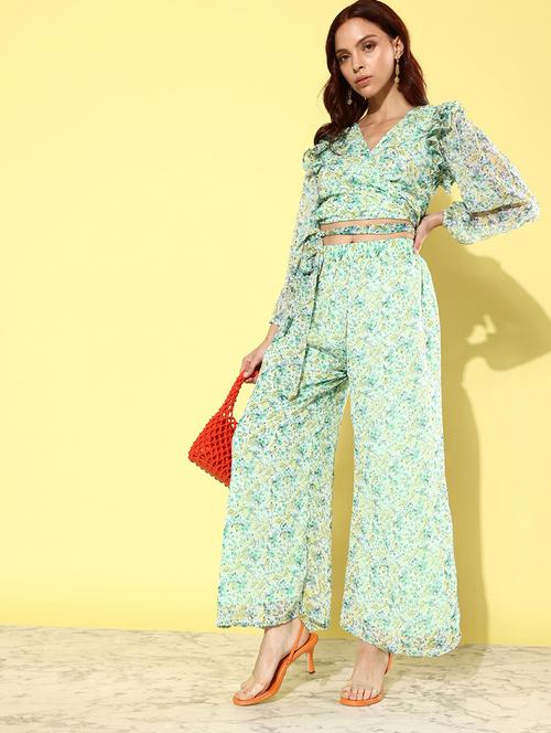 green printed chiffon top & palazzo coord set - 20852907 -  Standard Image - 0