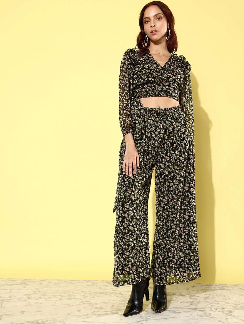 black floral printed chiffon top & palazzo coord set